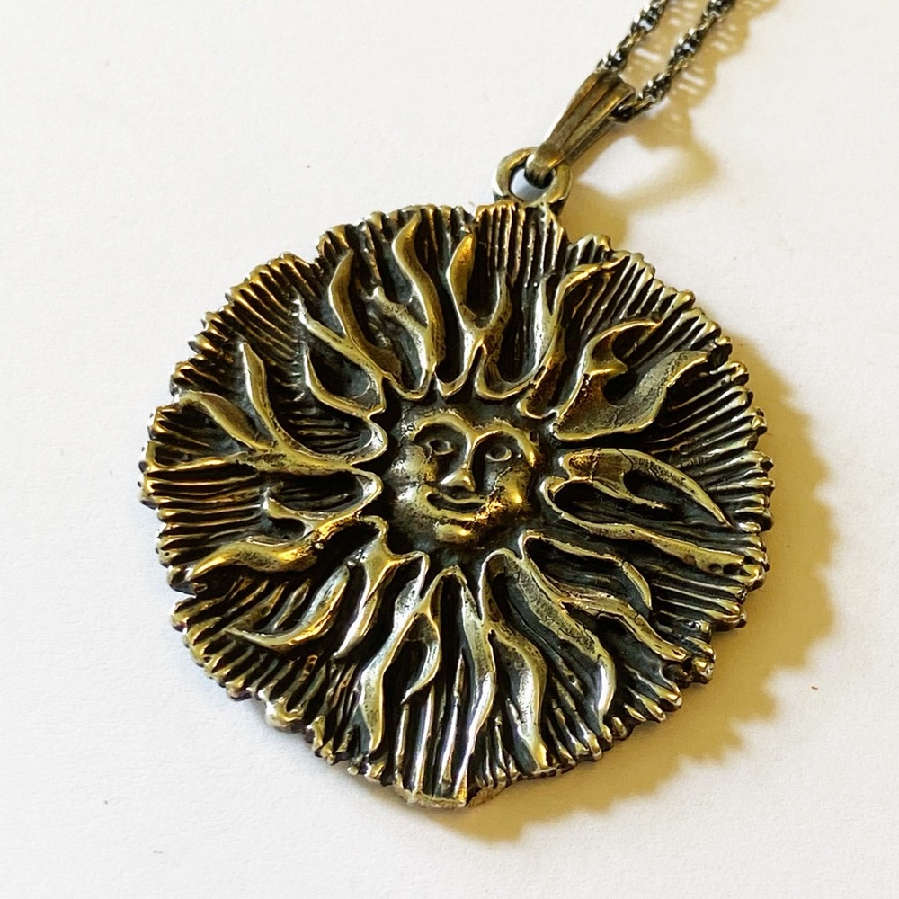 Vintage Sterling Silver Sun Face Large pendant necklace 19”